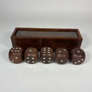 Vintage Wood Large Dice Set Storage Box Glass Lid Solid Wood Brass Inlay 5 Dice